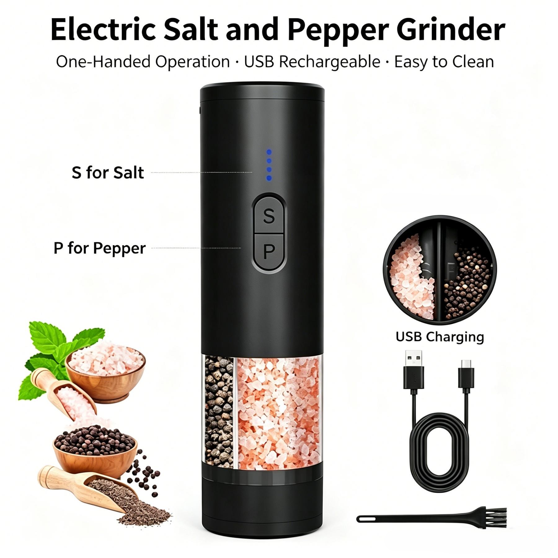 Popcorn Seasoning Salt Butter - Macinapepe Ricaricabile, Luce LED, Regolazione della